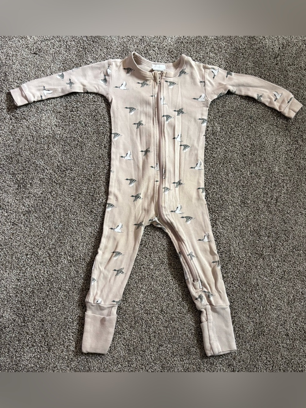 Beige Bird-Print Footed Zip One-Piece